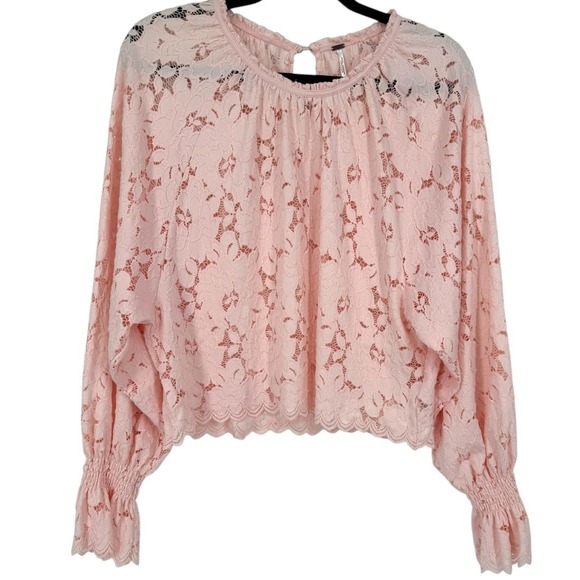 Free People Olivia Balloon Sleeve Floral Lace Blouse Top Pink‎ Boho Festival XS - Picture 5 of 16